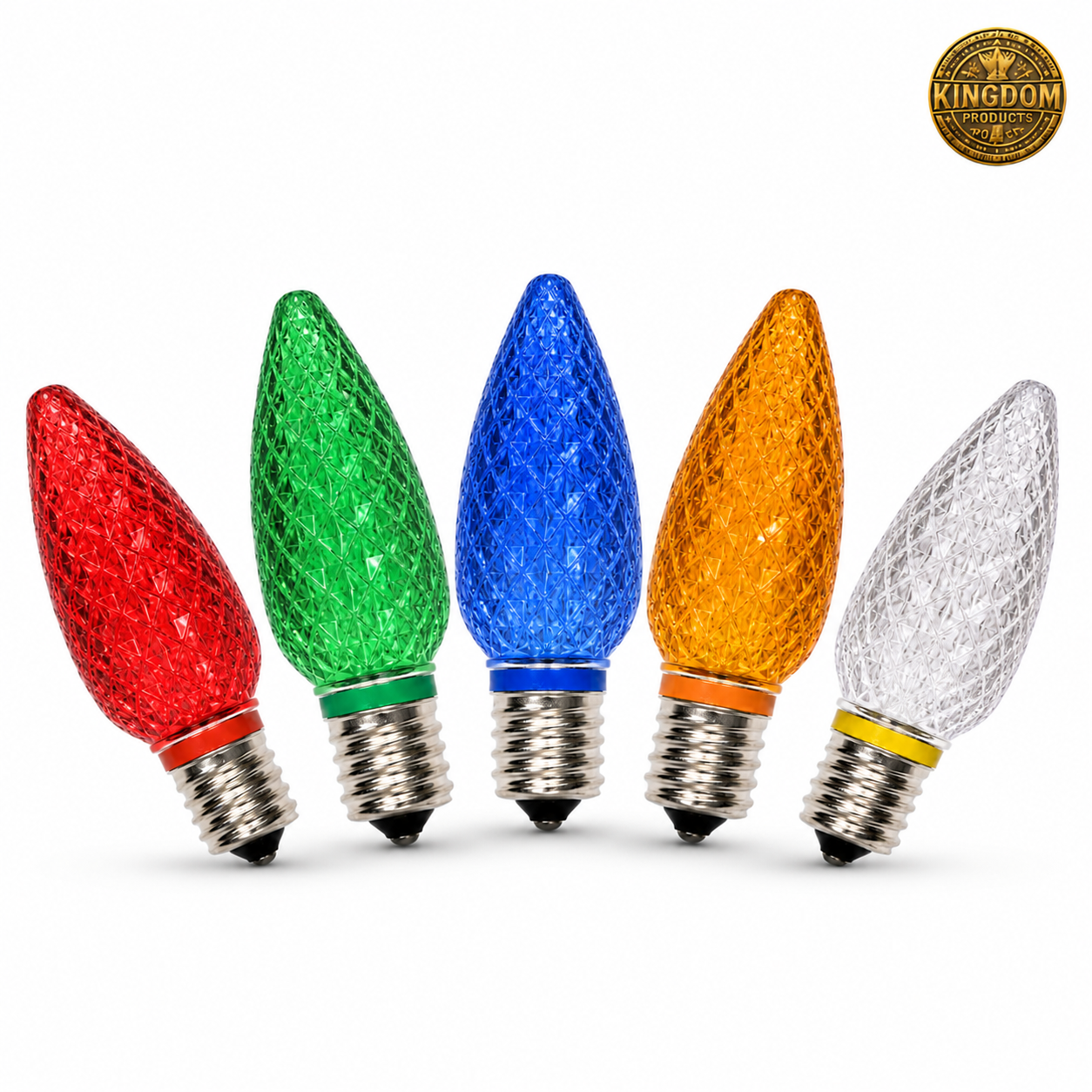 Kingdom C9 LED multi-color bulb fan with red, green, blue, amber, and Warm White bulbs