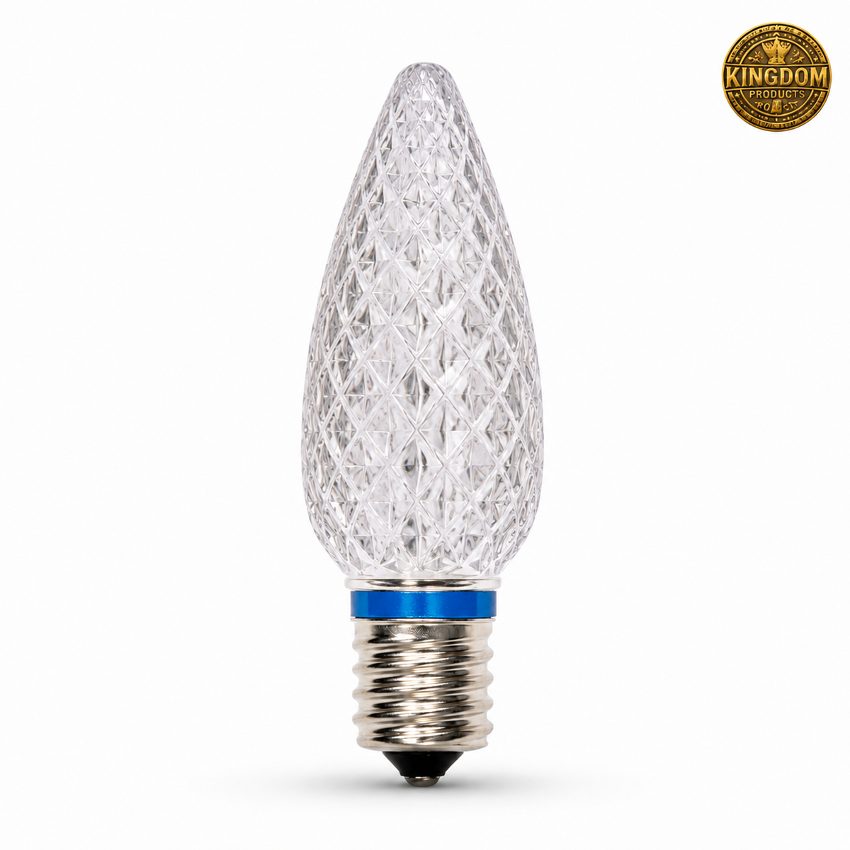 Kingdom Bulb C9 faceted LED True Pure White 6500K with blue identification ring and Kingdom Products badge