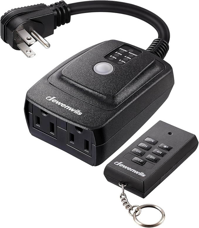 Light Sensor Timer Waterproof, Plug in Timer Switch, 100 ft Range Remote Control with 2 Grounded Electrical Outlets for Outdoor String Lights, 15A 1/2HP UL Listed