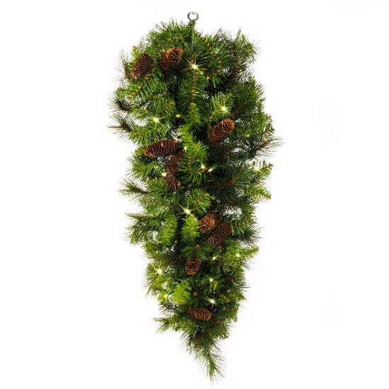 Christmas garland with pine cones and lights on a white background