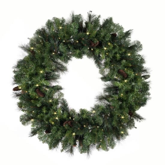 Christmas wreath with lights and pinecones on a white background