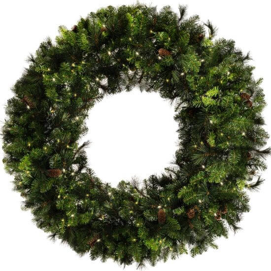 Christmas wreath with lights on a white background