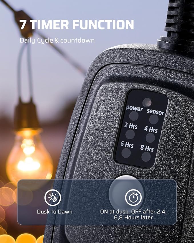Light Sensor Timer Waterproof, Plug in Timer Switch, 100 ft Range Remote Control with 2 Grounded Electrical Outlets for Outdoor String Lights, 15A 1/2HP UL Listed