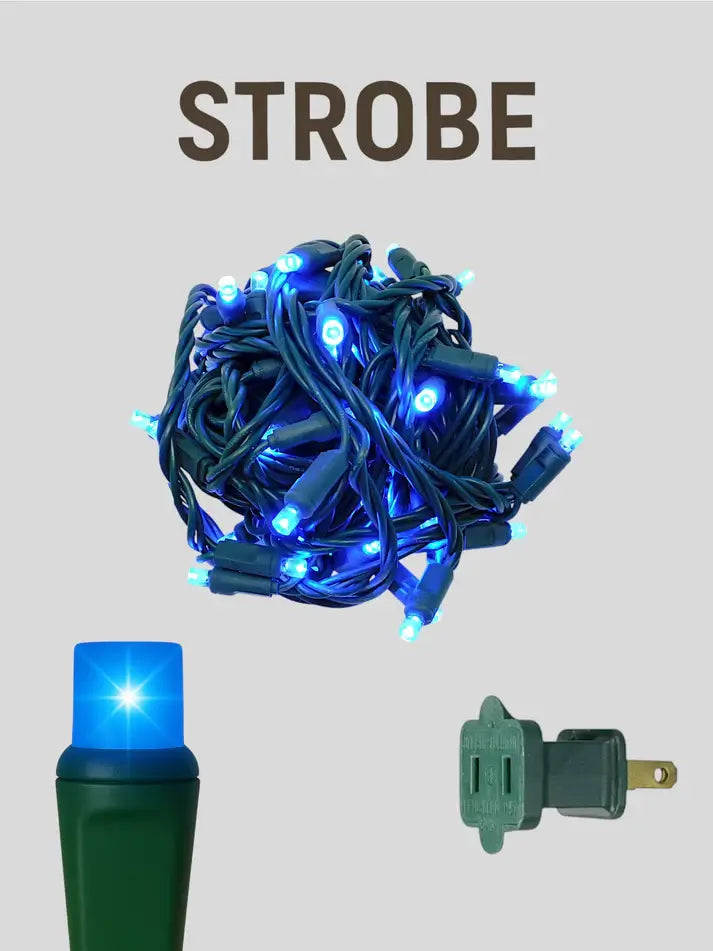 Blue LED string lights with a plug on a gray background, labeled 'Strobe'.