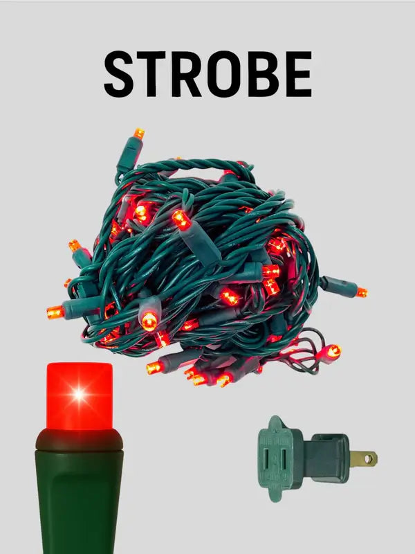 String lights with red bulbs and a plug on a gray background, labeled 'Strobe'.