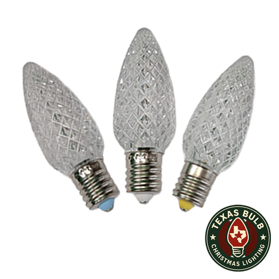 Three Texas C9 LED bulbs showing Cool White, Pure White, and Warm White base identifiers