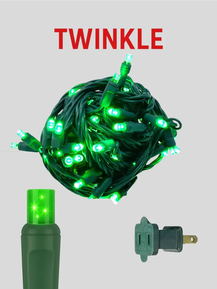 Green string lights with plug and socket on a gray background, featuring the brand 'Twinkle'.