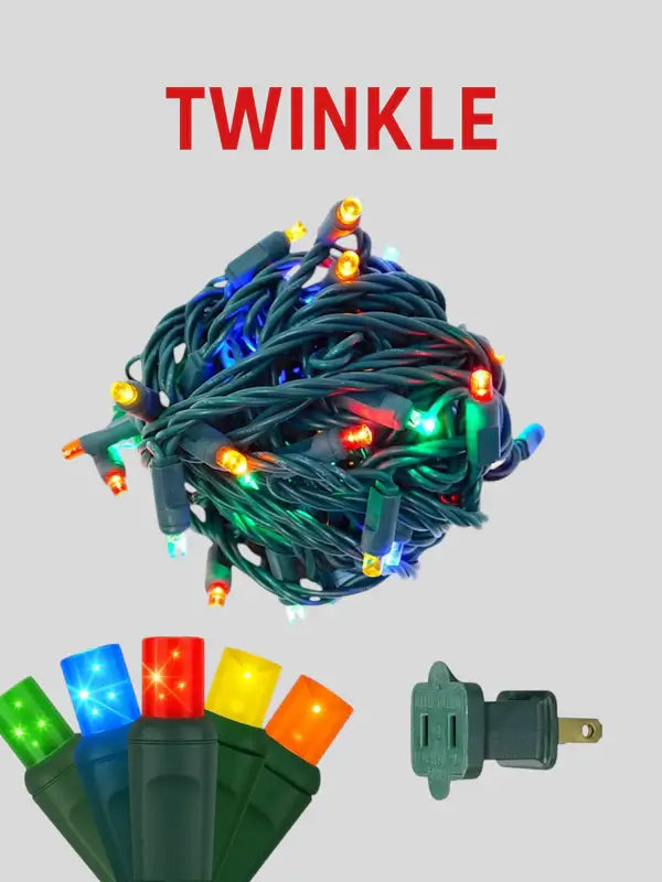 String lights with multicolored bulbs and green wire, featuring the brand 'Twinkle'.