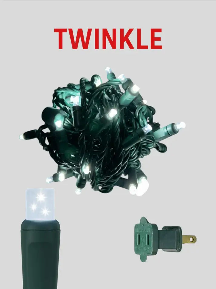String lights with plug and socket on a gray background, featuring the brand 'Twinkle'.