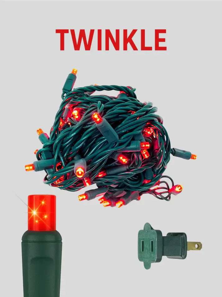 String lights with red bulbs and green wire, featuring the brand 'Twinkle', on a light gray background.