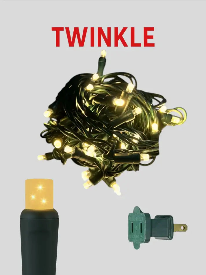 String lights with plug and socket on a gray background, featuring the brand 'Twinkle'.