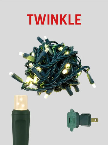 String lights with plug and socket on a gray background, featuring the brand 'Twinkle'.