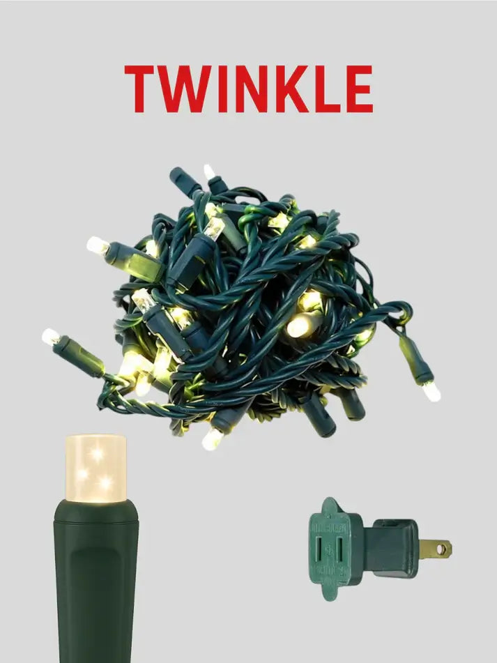 String lights with plug and socket on a gray background, featuring the brand 'Twinkle'.