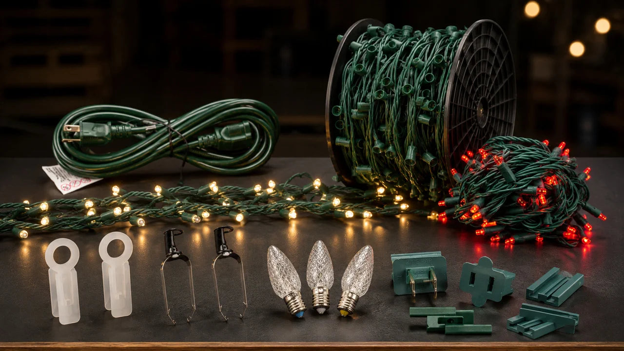 Christmas light installation supplies including extension cord, light strings, bulbs, clips, and plugs